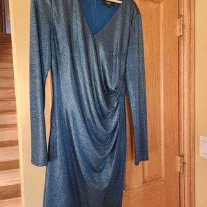 Guess Teal Blue Metallic Long-Sleeve Draped Dress